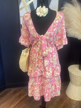 Pink Floral Tiered Tie-Front Dress